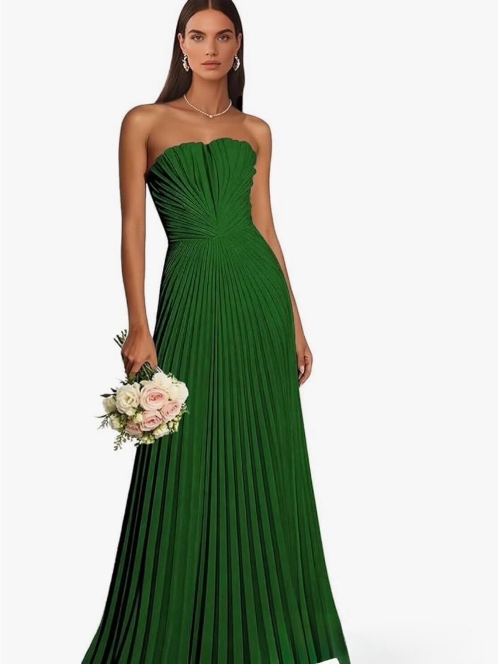 Strapless Emerald Green Pleated Evening Gown